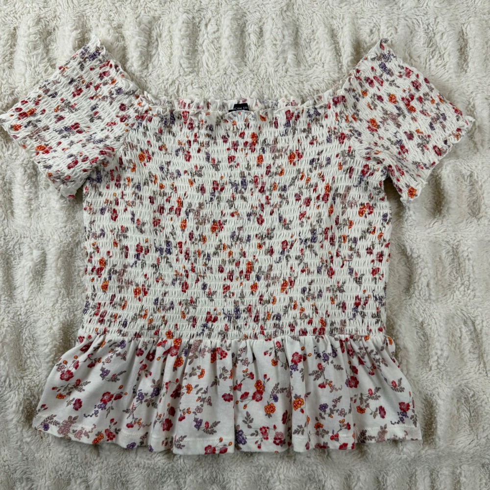 American Eagle Women M White Floral Smocked Off Shoulder Peplum Top Blouse